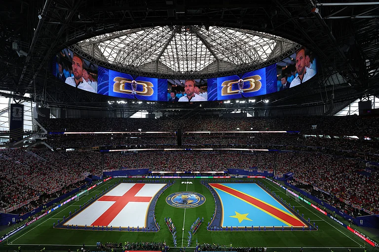 England's Harry Kane (9) is shown on the big screen during teams presentation before the World Cup round of 32 soccer match between England and Congo in Atlanta. - Colin Hubbard/AP Photo