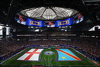 Colin Hubbard/AP Photo : England's Harry Kane (9) is shown on the big screen during teams presentation before the World Cup round of 32 soccer match between England and Congo in Atlanta.