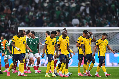 Ecuador players leave the pitch at half-time during the World Cup round of 32 soccer match between Mexico and Ecuador in Mexico City, Tuesday, June 30, 2026.