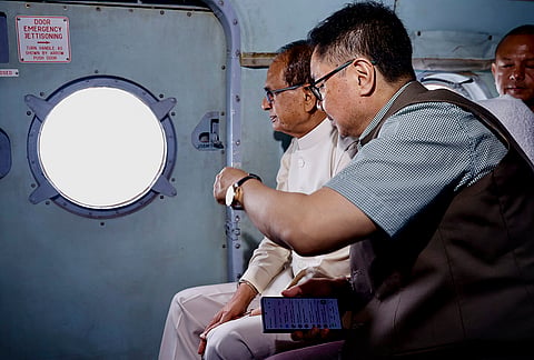 Union Ministers Kiren Rijiju and Shivraj Singh Chouhan conduct an aerial survey of flood-affected areas in Arunachal Pradesh and Assam. 