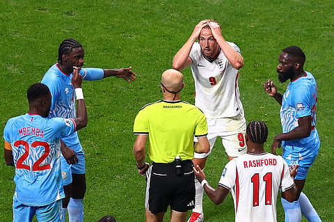 England's Harry Kane (9) reacts after a penalty no call during the World Cup round of 32 soccer match between England and Congo in Atlanta