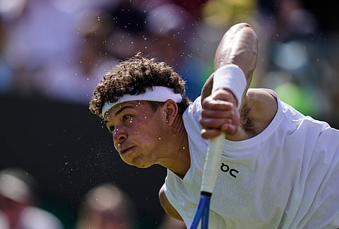 Ben Shelton of the United States serves to Otto Virtanen of Finland during their men's singles match at the Wimbledon Tennis Championships in London, Tuesday, June 30, 2026.