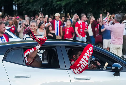 Norwegian fans celebrate in the streets after victory in the round of 16 soccer match between Ivory Coast and Norway during the 2026 World Cup, in Oslo, Tuesday, June 30, 2026. 
