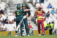Australia Vs West Indies, ICC Women's T20 World Cup: Defending Champions Chase Down 126 With Seven Overs To Spare | Photo: AP/Alastair Grant : Australia's Beth Mooney, left, and Australia's Ashleigh Gardner celebrates after winning the Women's T20 Cricket World Cup semifinal against West Indies in London, Tuesday, June 30, 2026.