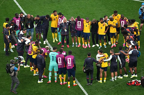 Ecuador players and coaches react after the World Cup round of 32 soccer match between Mexico and Ecuador in Mexico City, Tuesday, June 30, 2026. 