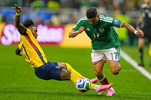 Mexico's Orbelin Pineda (17) is tackled by Ecuador's Angelo Preciado (17) during the World Cup round of 32 soccer match between Mexico and Ecuador in Mexico City, Tuesday, June 30, 2026.