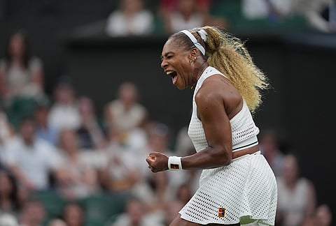 Serena Williams of the United States celebrates winning a point against Maya Joint of Australia in their first round women's singles match at the Wimbledon Tennis Championships in London, Tuesday, June 30, 2026.