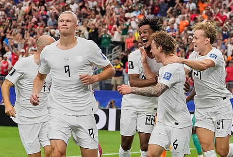 Norway's Erling Haaland (9) celebrates after scoring his side's second goal during the World Cup round of 32 soccer match between Ivory Coast and Norway in Arlington, Texas, near Dallas, Tuesday, June 30, 2026.