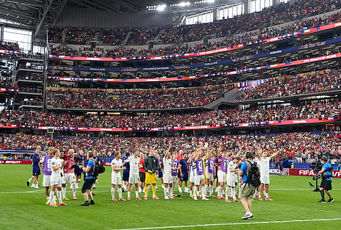 Norway players celebrate after the World Cup round of 32 soccer match between Ivory Coast and Norway in Arlington, Texas, near Dallas, Tuesday, June 30, 2026.