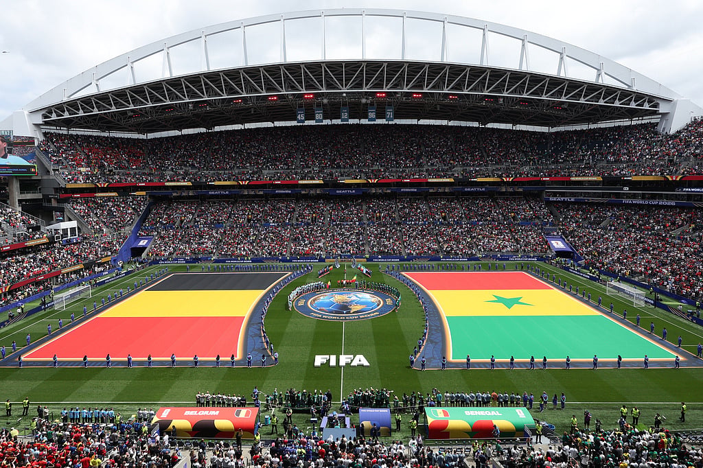 General view during pregame ceremony before the World Cup round of 32 soccer match between Belgium and Senegal in Seattle - AP Photo/Maddy Grassy
