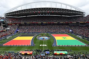 AP Photo/Maddy Grassy : General view during pregame ceremony before the World Cup round of 32 soccer match between Belgium and Senegal in Seattle