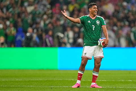 Mexico's Luis Romo (7) reacts during the World Cup round of 32 soccer match between Mexico and Ecuador in Mexico City, Tuesday, June 30, 2026.