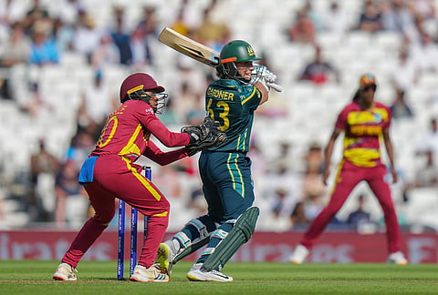 Australia's Ashleigh Gardner plays a shot during the Women's T20 Cricket World Cup semifinal between Australia and West Indies in London, Tuesday, June 30, 2026.