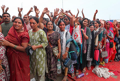 Pilgrims gather to register ahead of the annual Shri Amarnath Yatra, in Jammu, Jammu and Kashmir.