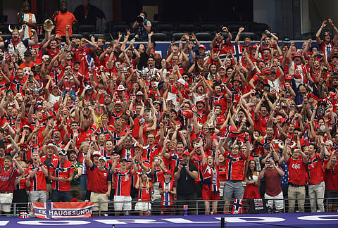 Norway's fans celebrate after the end of the FIFA World Cup Round of 32 soccer match between Ivory Coast and Norway in Arlington, Texas, near Dallas, Tuesday, June 30, 2026.