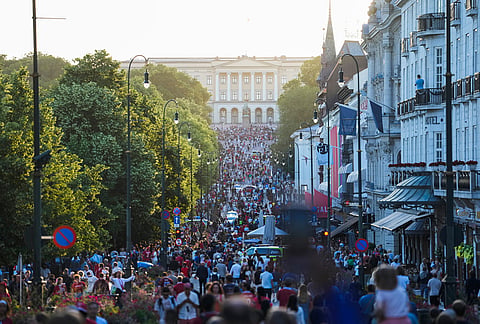Norwegian fans celebrate in the streets after victory in the round of 16 soccer match between Ivory Coast and Norway during the 2026 World Cup, in Oslo, Tuesday, June 30, 2026. 