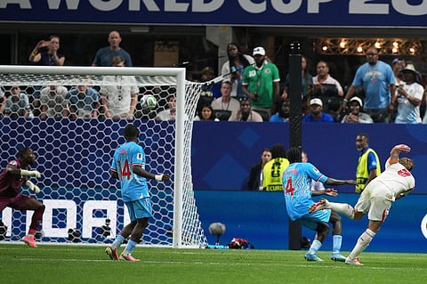England's Harry Kane (9) scores his side's second goal during the World Cup round of 32 soccer match between England and Congo in Atlanta
