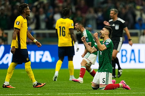 Mexico's Johan Vasquez, right, celebrates his team's victory over Ecuador in the World Cup round of 32 soccer match in Mexico City, Tuesday, June 30, 2026. 