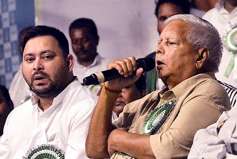 RJD supremo addresses the party’s foundation day programme, at party office, in Patna, Bihar. Party leader Tejashwi Yadav is also present. 