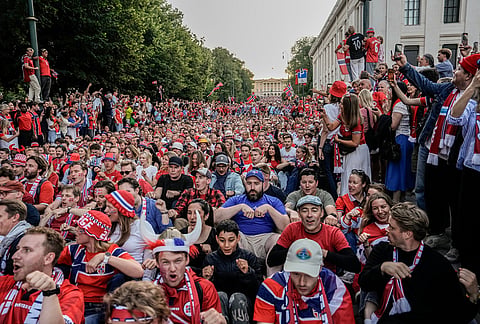 Norwegian fans celebrate after victory in the round of 16 soccer match between Ivory Coast and Norway during the 2026 World Cup, in Oslo, Tuesday, June 30, 2026. 