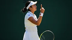Alexandra Eala of the Philippines gestures during the second round women's singles match against Maya Joint of Australia at the Wimbledon Tennis Championships in London, Thursday, July 2, 2026. - AP Photo/Kin Cheung