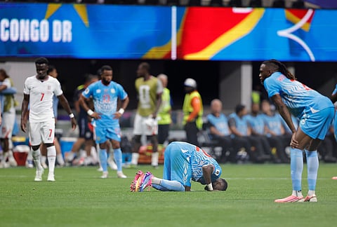 Congo's Chancel Mbemba (22) reacts after the end of the World Cup round of 32 soccer match between England and Congo in Atlanta, Wednesday, July 1, 2026. 