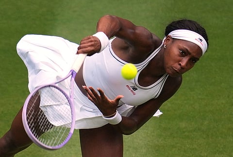 Coco Gauff of the United States serves against Solana Sierra of Argentina in their second round women's singles match at the Wimbledon Tennis Championships in London, Wednesday, July 1, 2026. 