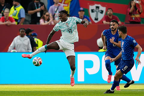 Portugal's Rafael Leao (17) plays the ball against Croatia's Mateo Kovacic (8) during the World Cup round of 32 soccer match between Portugal and Croatia in Toronto, Thursday, July 2, 2026.