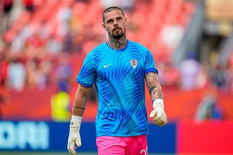 Croatia goalkeeper Dominik Kotarski (23) warm sup during the World Cup round of 32 soccer match between Portugal and Croatia in Toronto, Thursday, July 2, 2026.