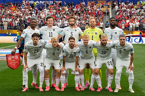 Austria players line up for the group photo ahead of their World Cup round of 32 soccer match against Spain in Inglewood, Calif., near Los Angeles, Thursday, July 2, 2026.