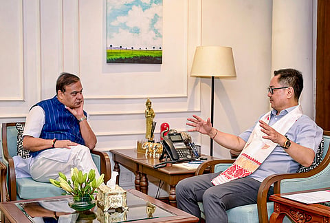 Union Minister Kiren Rijiju during a meeting with Assam Chief Minister Himanta Biswa Sarma, in New Delhi. 