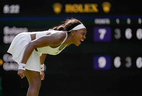 Coco Gauff of the United States celebrates her victory against Solana Sierra of Argentina in their second round women's singles match at the Wimbledon Tennis Championships in London, Wednesday, July 1, 2026. 