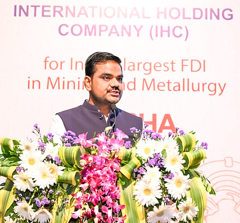 Minister Sampad Chandra Swain speaking at the signing ceremony