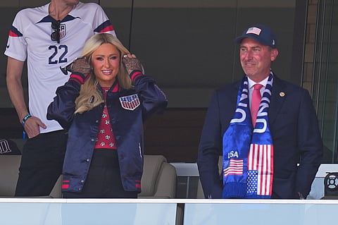 Paris Hilton prepares to watch the World Cup round of 32 soccer match between the United States and Bosnia in Santa Clara, Calif., near San Francisco, Wednesday, July 1, 2026