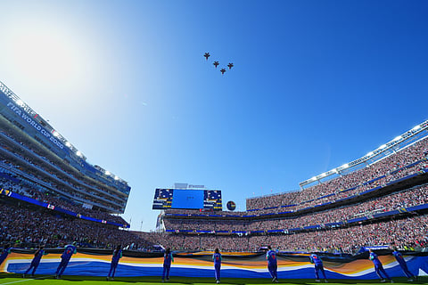 Jets fly across the stadium ahead of the World Cup round of 32 soccer match between the United States and Bosnia in Santa Clara, Calif., near San Francisco, Wednesday, July 1, 2026