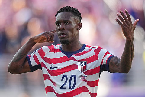 United States' Folarin Balogun (20) reacts after scoring his team's first goal during the World Cup round of 32 soccer match between the United States and Bosnia in Santa Clara, Calif., near San Francisco, Wednesday, July 1, 2026