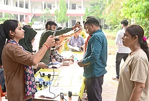 | Photo: PTI : An aspirant undergoes security check as she arrives to appear for the Uttar Pradesh Teacher Eligibility Test (UPTET) conducted by the Uttar Pradesh Education Service Selection Commission (UPESSC), in Prayagraj.