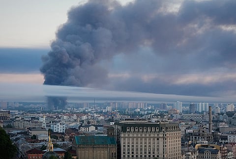 Smoke rises over the city center after a Russian attack on Kyiv, Ukraine.