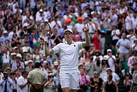 | Photo: AP/Brian Inganga : Jannik Sinner of Italy celebrates his victory against Nuno Borges of Portugal in their second round men's singles match at the Wimbledon Tennis Championships in London, Wednesday, July 1, 2026.