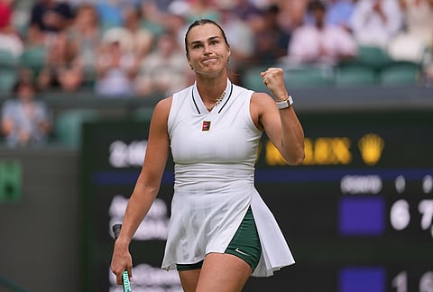 Aryna Sabalenka of Belarus celebrates her victory against McCartney Kessler of the United States in their second round women's singles match, at Wimbledon Tennis Championships in London, Wednesday, July 1, 2026.