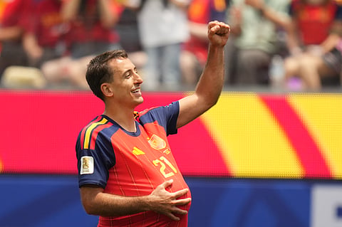 Spain's Mikel Oyarzabal celebrates scoring the opening goal during a World Cup round of 32 soccer match between Spain and Austria in Inglewood, Calif., near Los Angeles, Thursday, July 2, 2026.