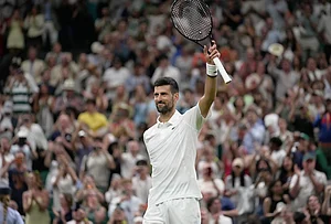 | Photo: AP/Brian Inganga : Novak Djokovic of Serbia celebrates his victory against Stefanos Tsitsipas of Greece in their second round men's singles match at the Wimbledon Tennis Championships in London, Wednesday, July 1, 2026.