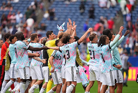 Belgian players celebrate after the World Cup round of 32 soccer match between Belgium and Senegal in Seattle, Wednesday, July 1, 2026. 