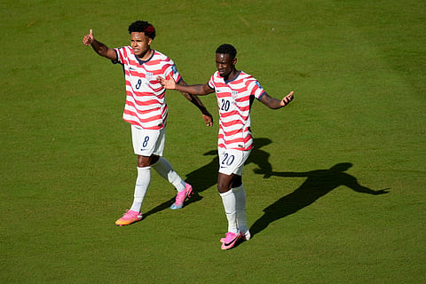 United States' Folarin Balogun (20) and Weston McKennie (8) react to a no goal call for being off sides during the World Cup round of 32 soccer match between the United States and Bosnia in Santa Clara, Calif., near San Francisco, Wednesday, July 1, 2026