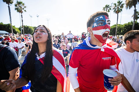 Fans react during a watch party for a World Cup Round of 32 soccer match between the United States and Bosnia in Carson, Calif., Wednesday, July 1, 2026