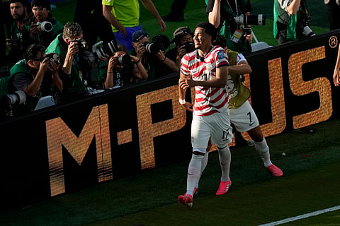 United States' Malik Tillman (17) celebrates after scoring his side's second goal during the World Cup round of 32 soccer match between the United States and Bosnia in Santa Clara, Calif., near San Francisco, Wednesday, July 1, 2026