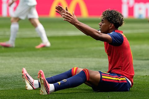 Spain's Lamine Yamal gestures during a World Cup round of 32 soccer match against Austria in Inglewood, Calif., near Los Angeles, Thursday, July 2, 2026.