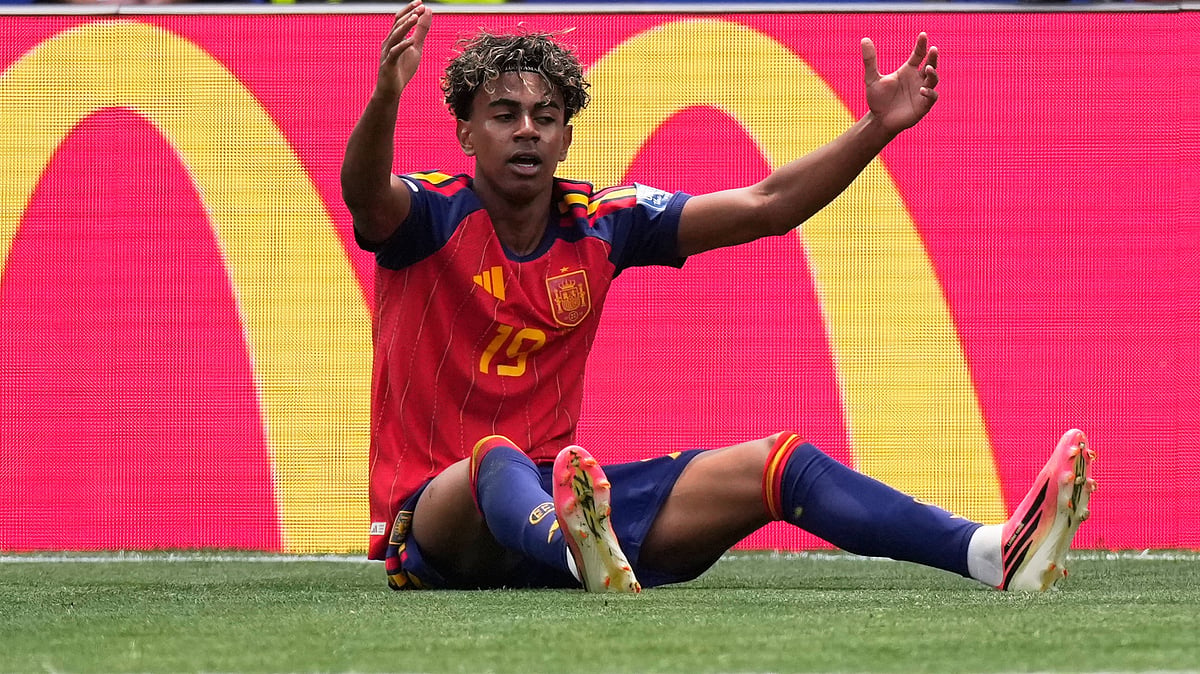 Spain's Lamine Yamal reacts during the World Cup round of 32 soccer match against Austria in Inglewood, Calif., near Los Angeles, Thursday, July 2, 2026. - (AP Photo/Mark J. Terrill)