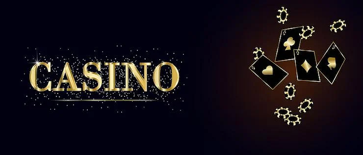 Golden casino banner with flying cards and chips