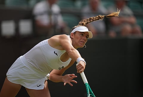 Solana Sierra of Argentina serves against Coco Gauff of the United States in their second round women's singles match at the Wimbledon Tennis Championships in London, Wednesday, July 1, 2026. 